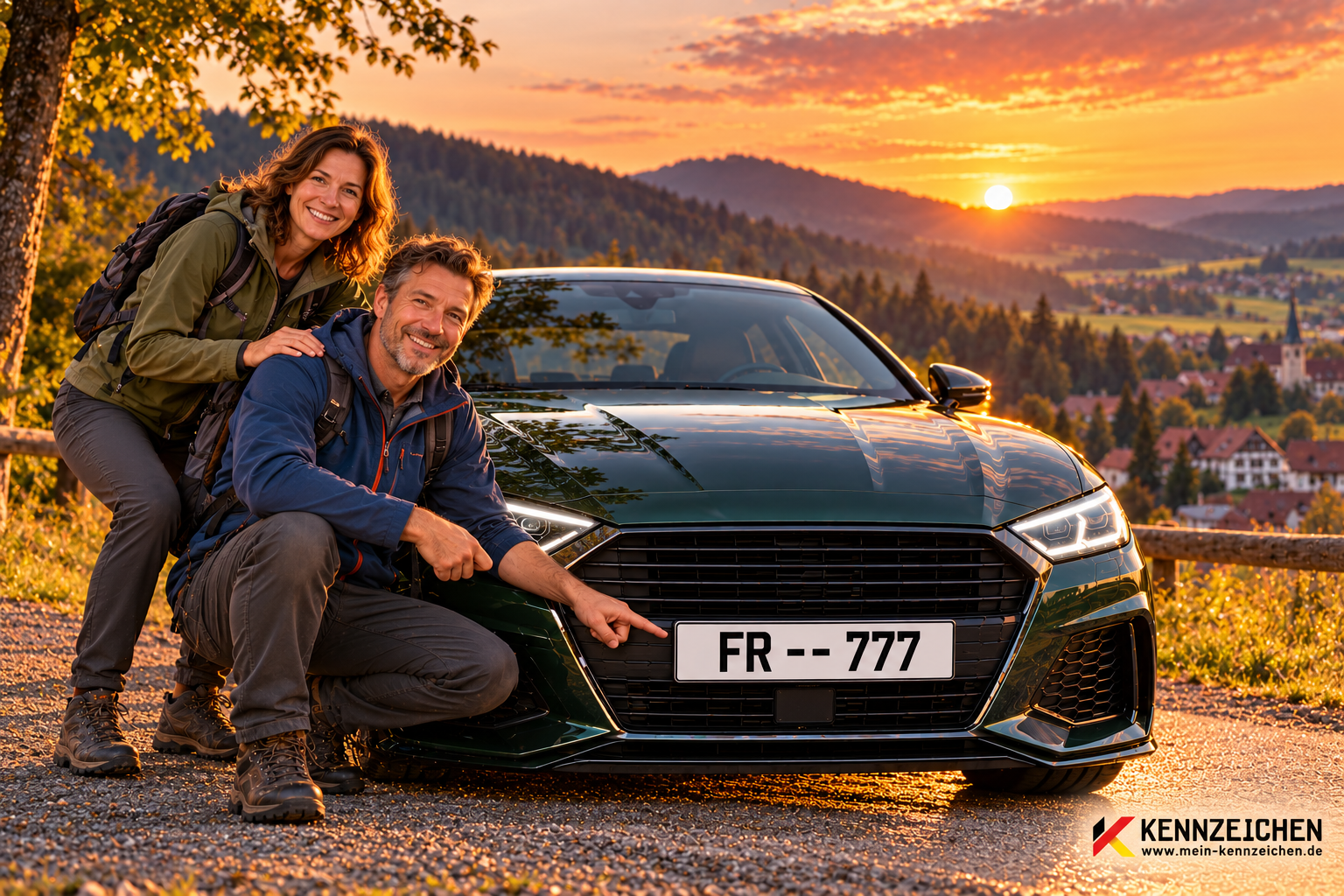 Regionales Motiv für Baden-Württemberg mit sympathischen Menschen und fiktivem Auto mit FR -- 777