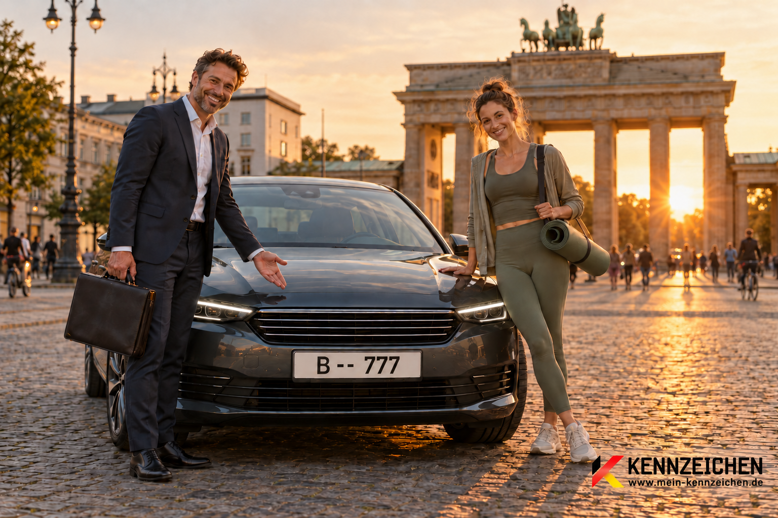 Mann im Anzug mit Koffer und sympathische Yoga-Frau neben einem fiktiven Auto mit B -- 777 vor dem Brandenburger Tor, mit mein-kennzeichen.de-Logo