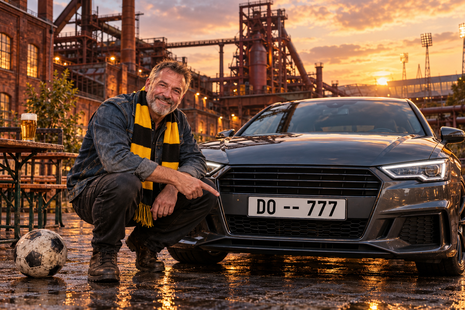 Ruhrpott-Typ mit Fußball und schwarz-gelbem Schal zeigt auf das fiktive Kennzeichen DO -- 777 vor einer Industriekulisse