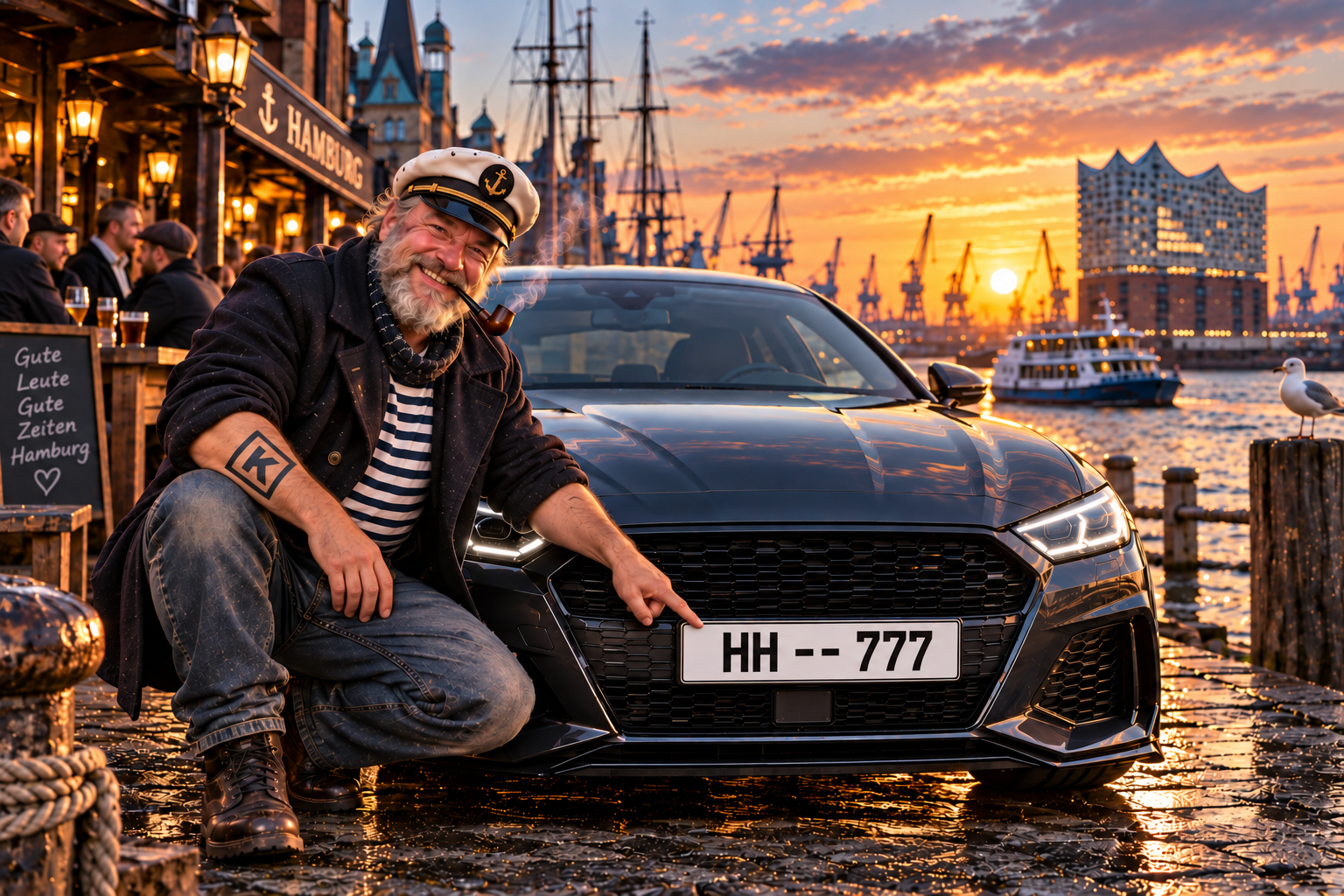 Hafentyp zeigt auf das fiktive Beispielkennzeichen HH -- 777 an einem Auto im Hamburger Hafen – mit KI generiert
