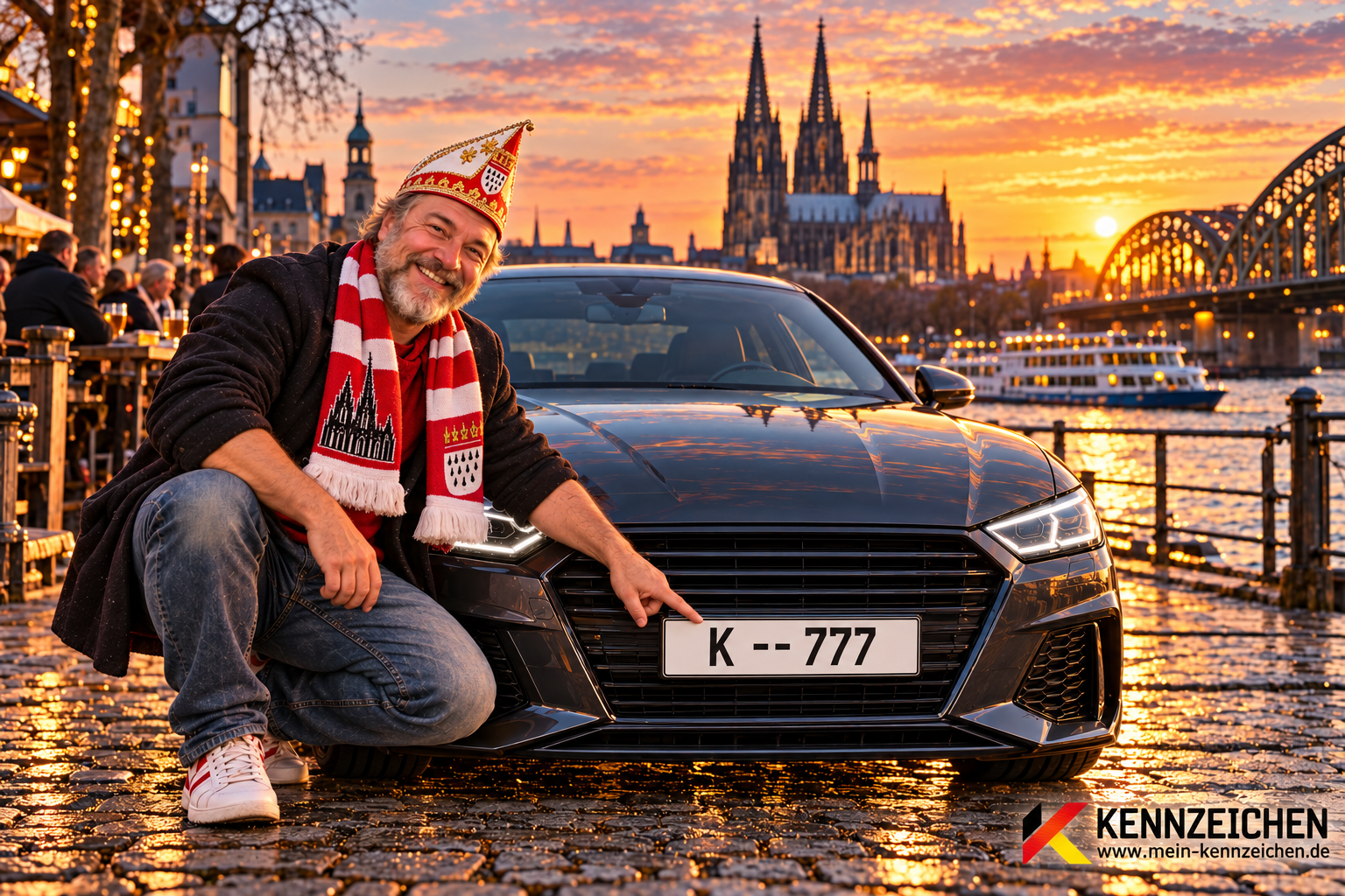 Individuelles Stadtmotiv für Köln mit sympathischer Person und fiktivem Auto mit K -- 777