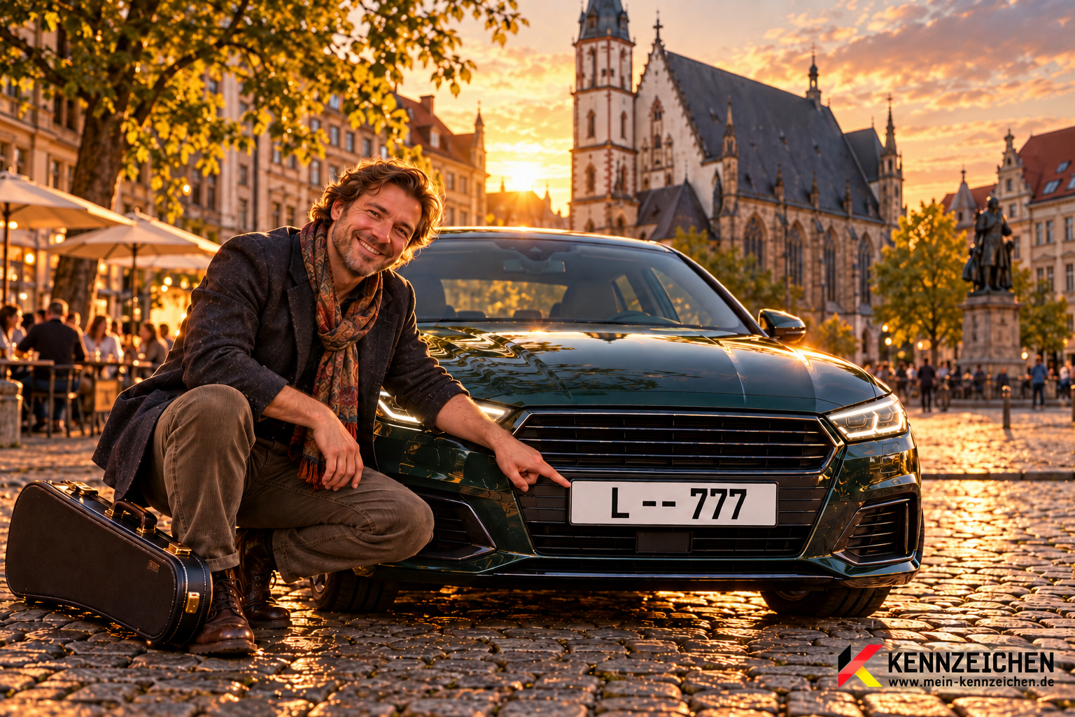 Individuelles Stadtmotiv für Leipzig mit sympathischer Person und fiktivem Auto mit L -- 777