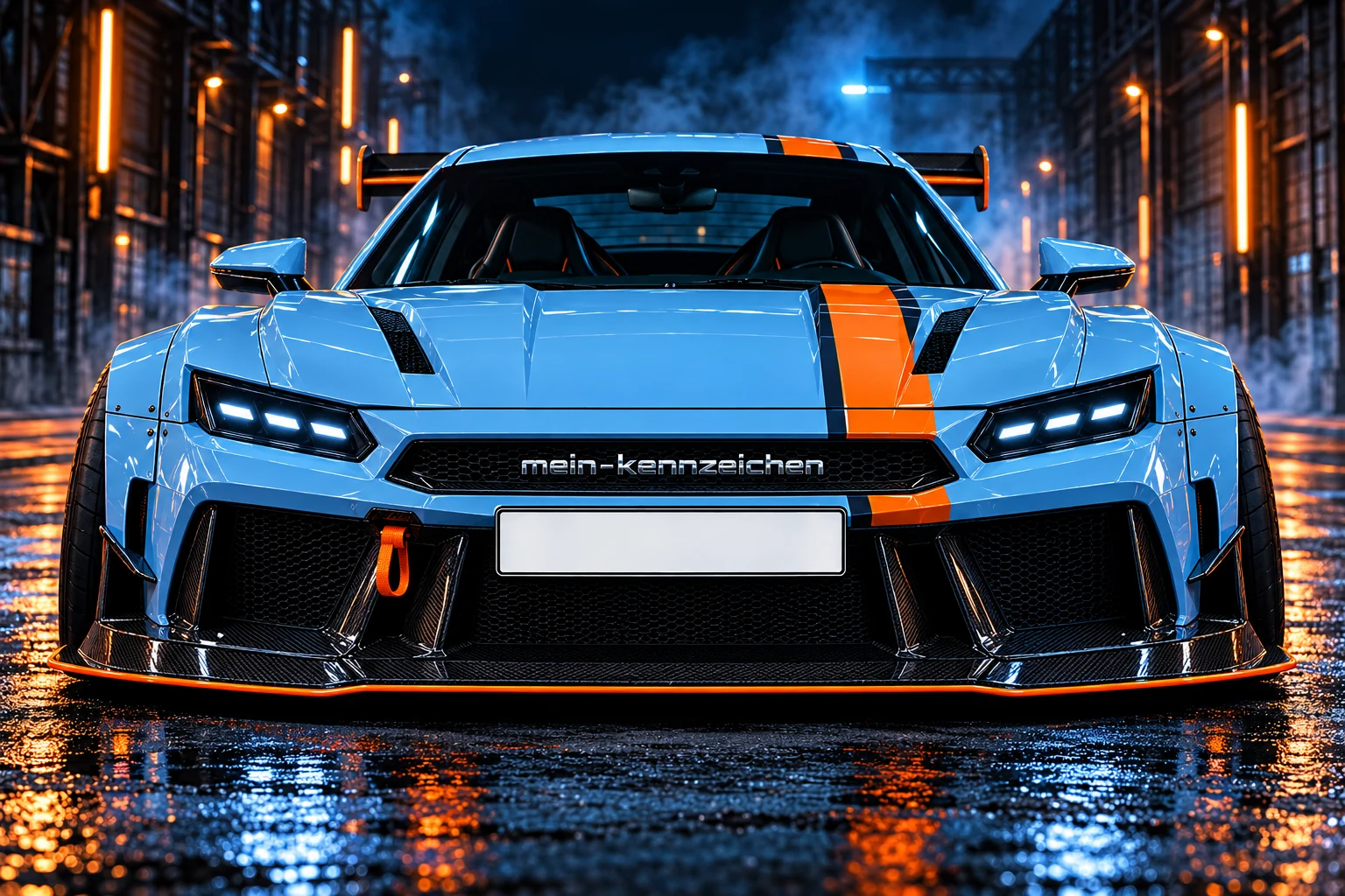 Eigenständig gestalteter babyblauer Tuning-Sportwagen mit kantigen Scheinwerfern, orangefarbenen Akzenten und mein-kennzeichen-Chromschriftzug auf nasser Industriestraße bei Nacht