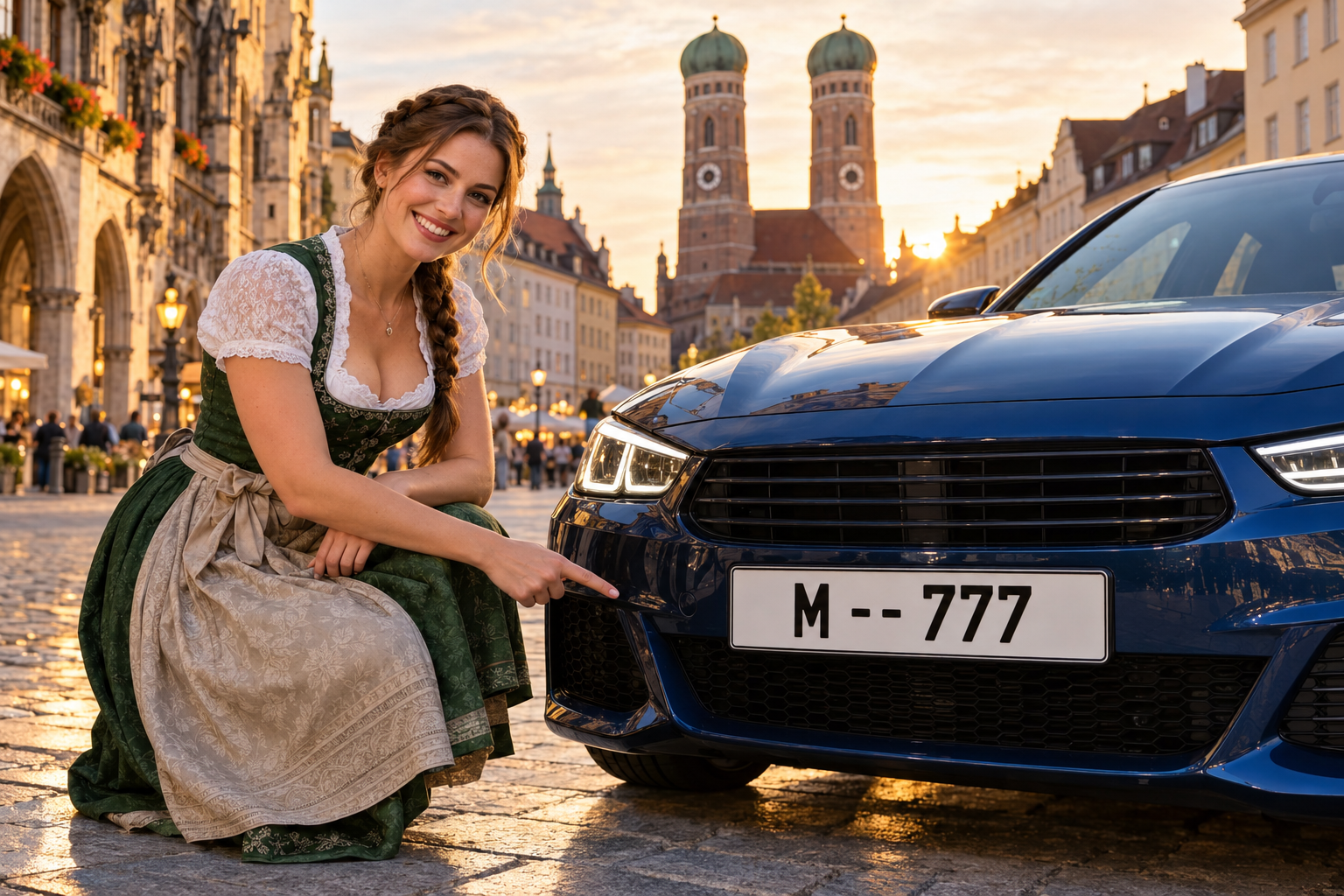 Frau im Dirndl zeigt auf das fiktive Beispielkennzeichen M -- 777 an einem Auto vor der Münchner Frauenkirche – mit KI generiert
